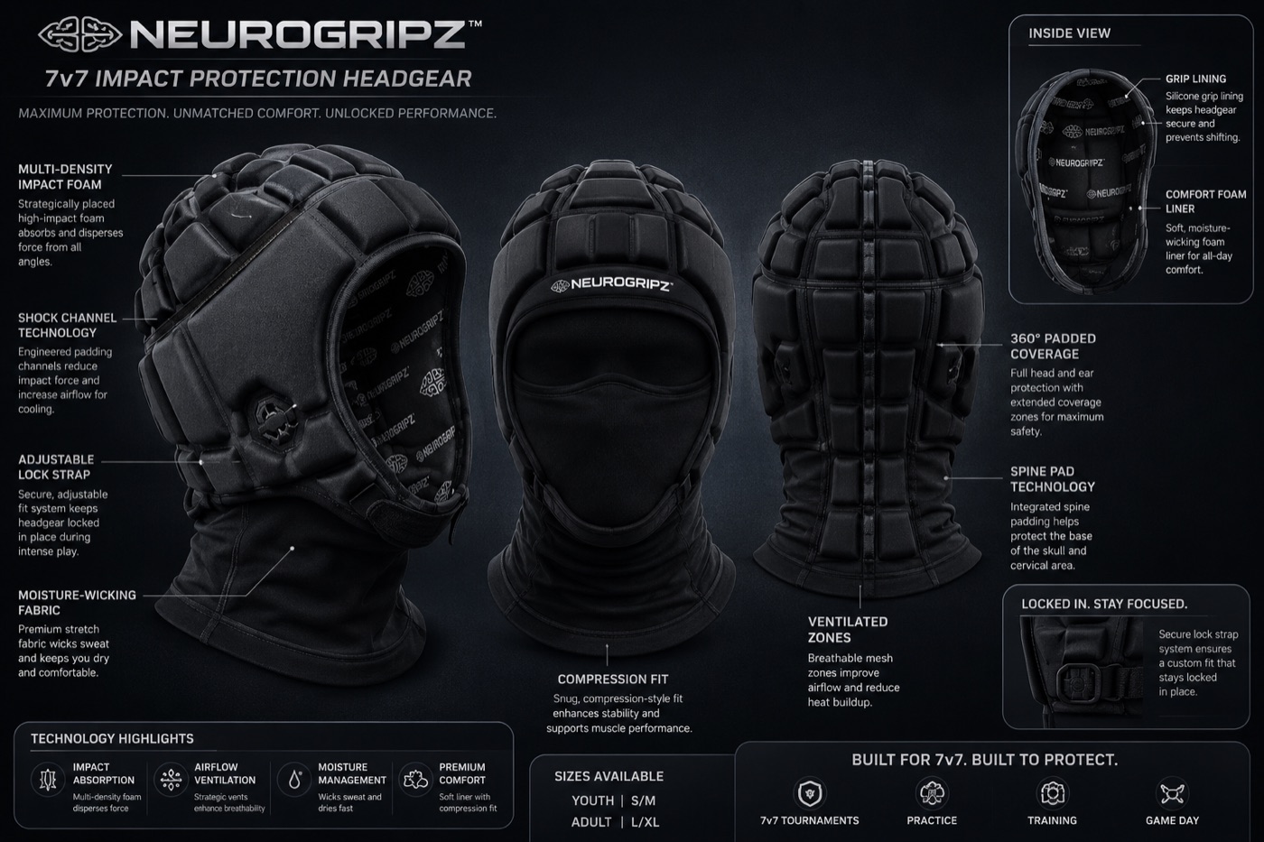 NEUROGRIPZ 7v7 Impact Protection Headgear spec sheet — multi-density impact foam, shock channel technology, adjustable lock strap, 360° padded coverage, spine pad technology, grip lining, sizes Youth S/M and Adult L/XL