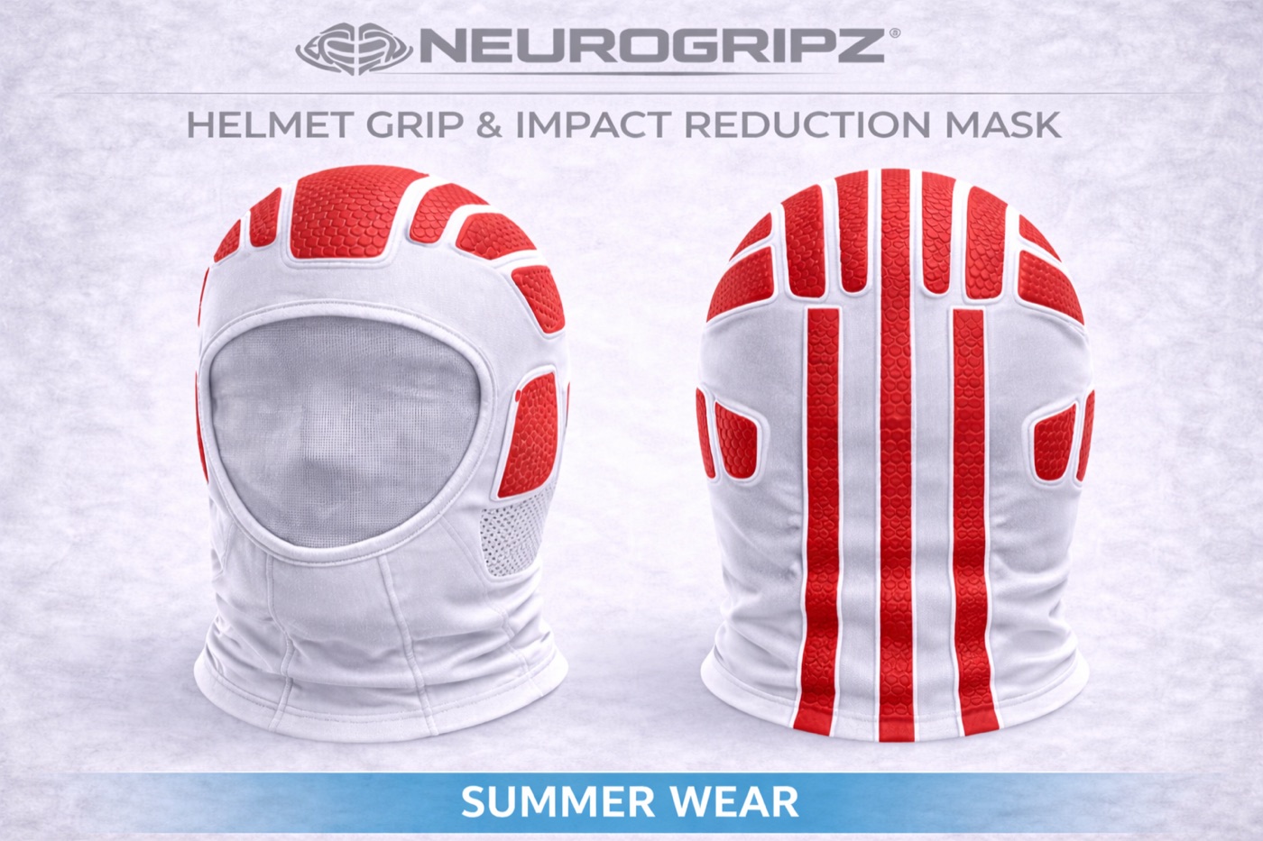 NEUROGRIPZ Helmet Grip & Impact Reduction Mask — front and back views with red Micro-Hex grip pads