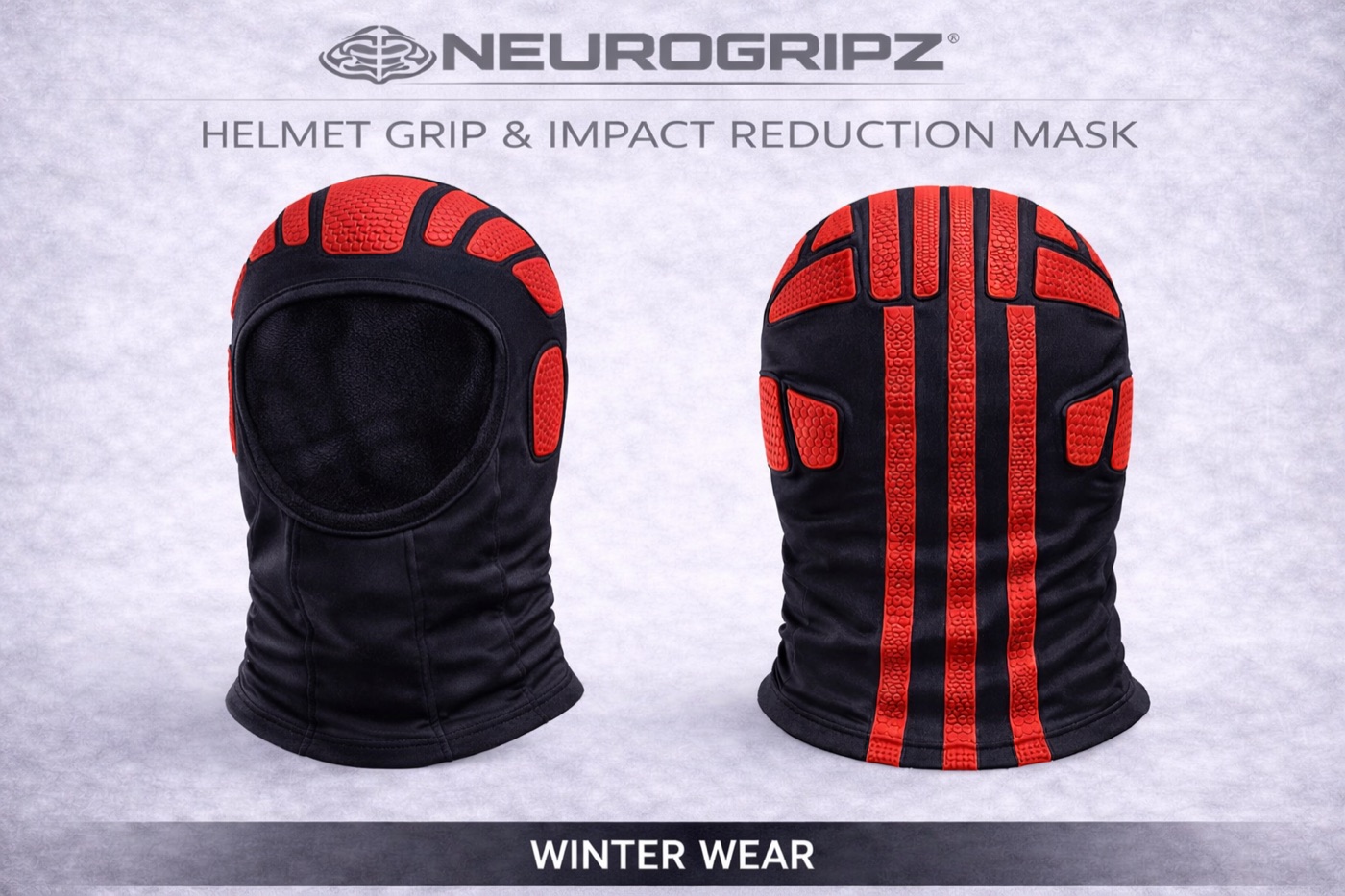 Winter Wear mask — black insulated with red vertical grip stripes, front and back views