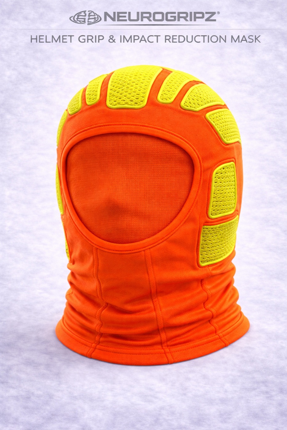NEUROGRIPZ Safety Series mask — hi-vis orange with yellow grip pads, front view