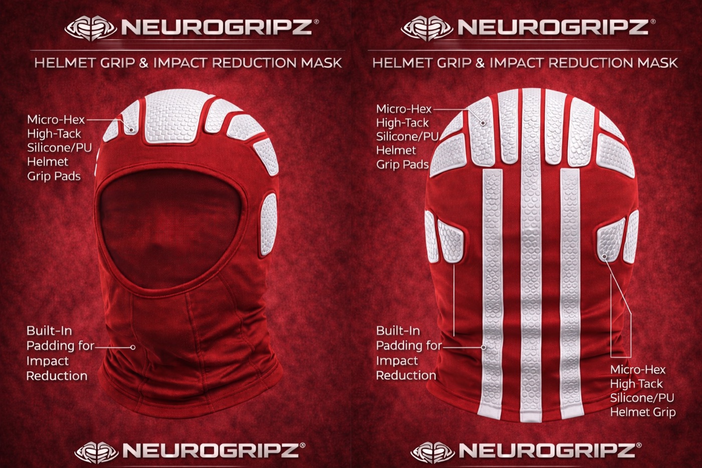 Blood Red colorway — red Helmet Grip & Impact Reduction Mask with white grip pads, front and back views